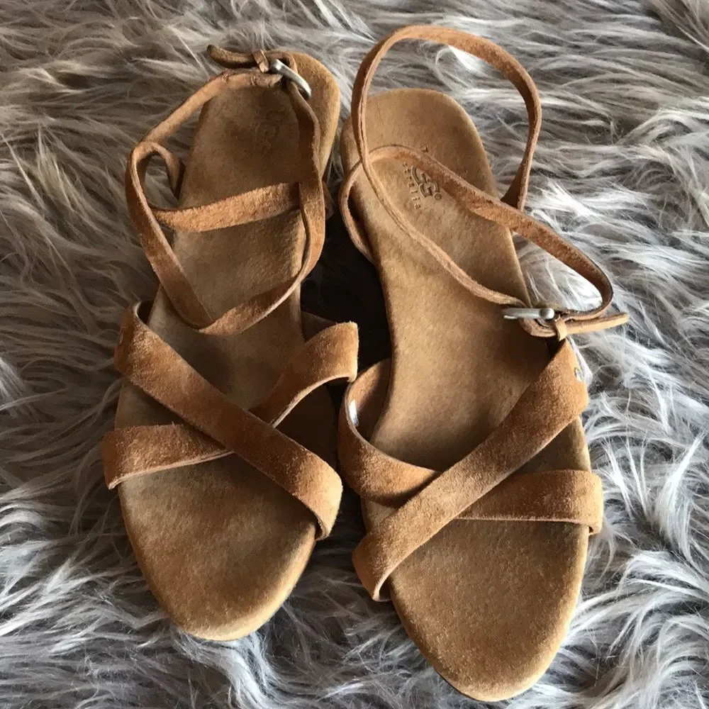 UGG Strappy leather sandals wedge heel 7 brown